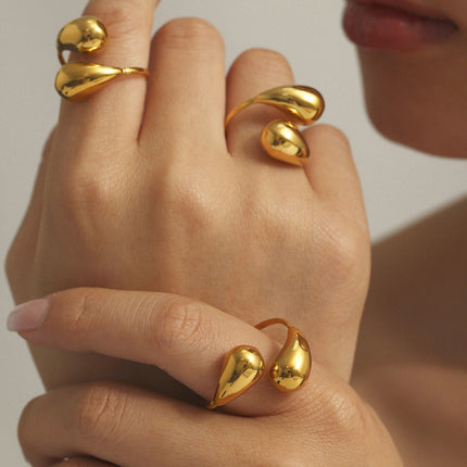 Mysterie ins stainless steel hollow opening comma drop ring tail ring plated 18K real gold does not fade hand ornament wholesale