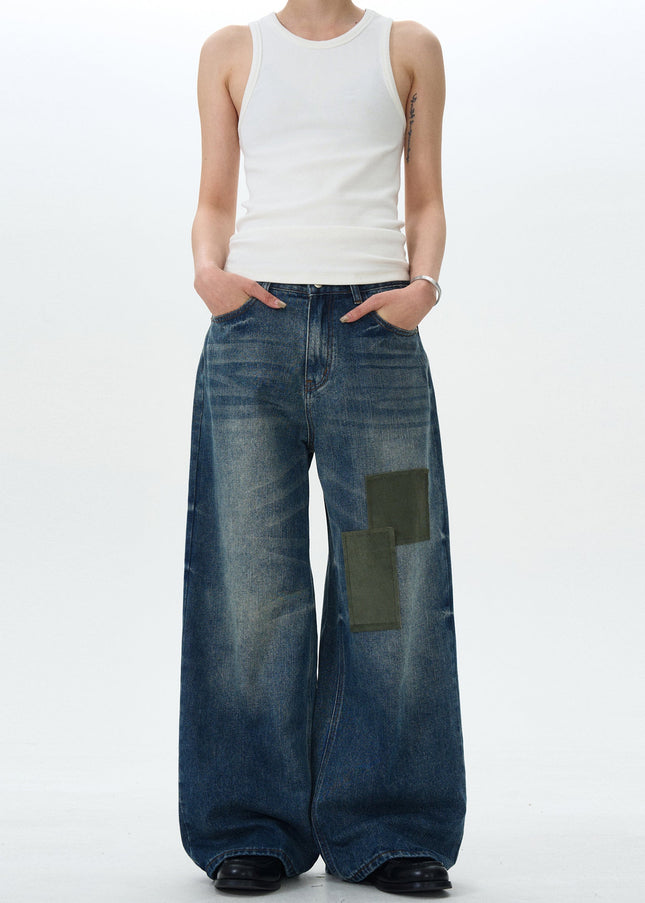 Blue Patch Wash Loose Fit Jeans for Men and Women - Men’s Jeans