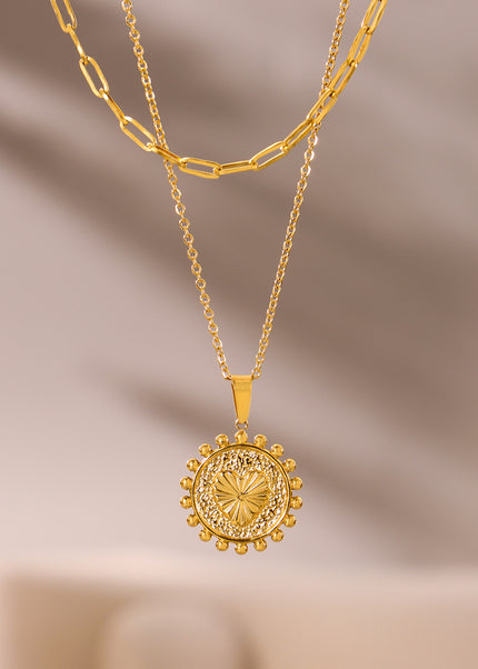 Mystery European and American style embossed peach heart sun lace double-layer necklace personality clavicle chain stainless steel color-retaining jewelry tide