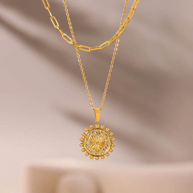 Mystery European and American style embossed peach heart sun lace double-layer necklace personality clavicle chain stainless steel color-retaining jewelry tide