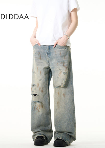 Blue Distressed Ripped Straight Leg Jeans Vintage Style - Men’s Jeans