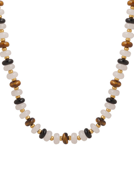 Simple personality natural white jade tiger's eye handmade beaded black agate material niche design women's necklace jewelry