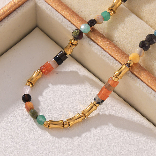 Bohemian dopamine colored natural stone beaded necklace cross-border simple and versatile stainless steel clavicle necklace