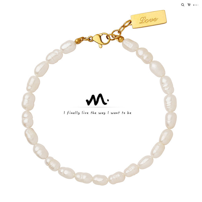 French ins titanium steel plated 18K gold English letter square pendant antique temperament freshwater pearl bracelet bracelet