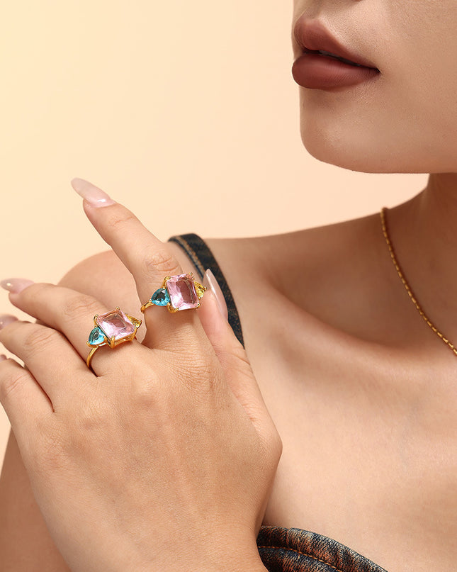 Dopamine Geometric Pink Aquamarine Zircon Ring Extra-Fine Opening Adjustment Titanium Steel PVD Plated 18K Gold Sweet Ring