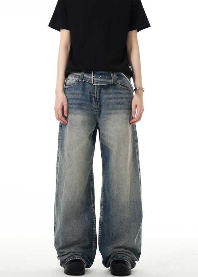 Blue Loose Fit Retro Belt Jeans for Men - Men’s Jeans