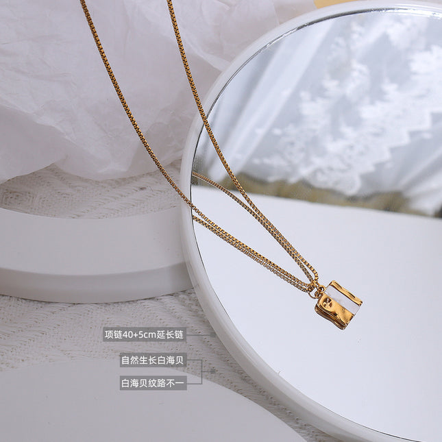 French style white sea shell square pendant necklace female niche creative design titanium steel plated 18k gold box chain
