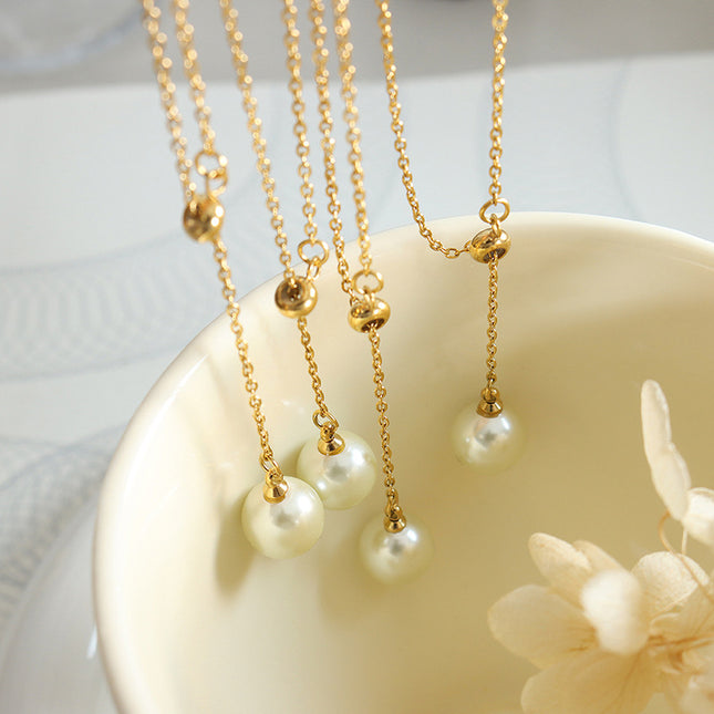 Hong Kong style ins, trendy gentle and pleasant, imitation pearl draw-on buckle design, tassel adjustable, a variety of wearing necklaces