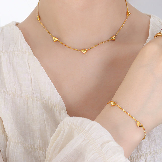 Niche fresh style zircon peach heart necklace versatile fashion bracelet personality design earrings jewelry three-piece set