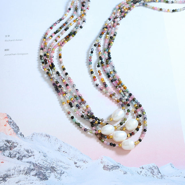 Tourmaline colorful natural stone beaded freshwater pearl pendant necklace vintage ethnic style niche design art jewelry