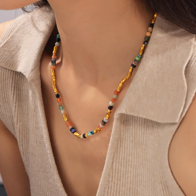 Bohemian dopamine colored natural stone beaded necklace cross-border simple and versatile stainless steel clavicle necklace