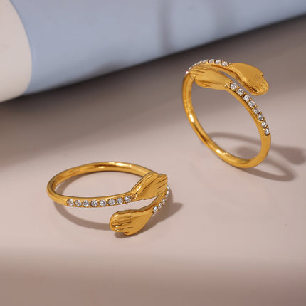 Mystery Liai's embrace zircon rings, European and American minimalist niche designs, open finger rings, stainless steel, real gold plated jewelry