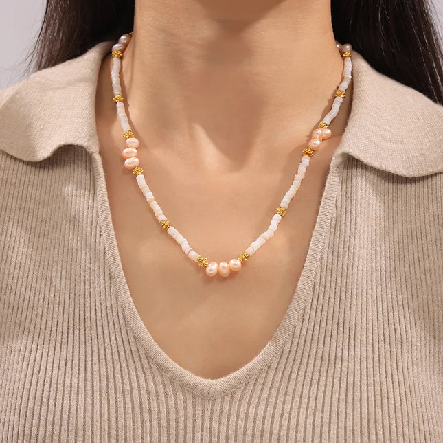 Baroque natural freshwater pearl shell beaded necklace light luxury design titanium steel plated 18k gold clavicle chain