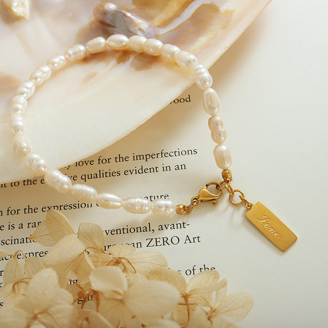 French ins titanium steel plated 18K gold English letter square pendant antique temperament freshwater pearl bracelet bracelet