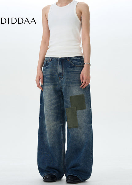 Blue Patch Wash Loose Fit Jeans for Men and Women - Men’s Jeans