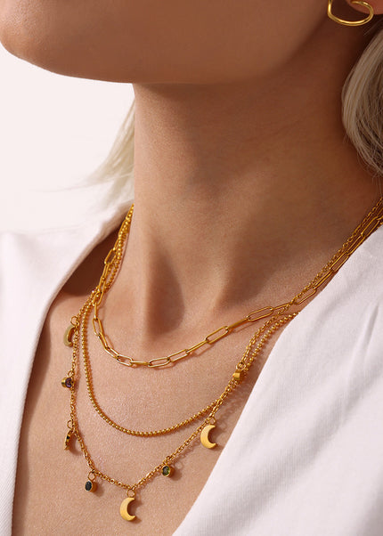Mysterie multicolor rhinestone tassel moon clavicle necklace plated 18K real gold stainless steel niche new wild accessories