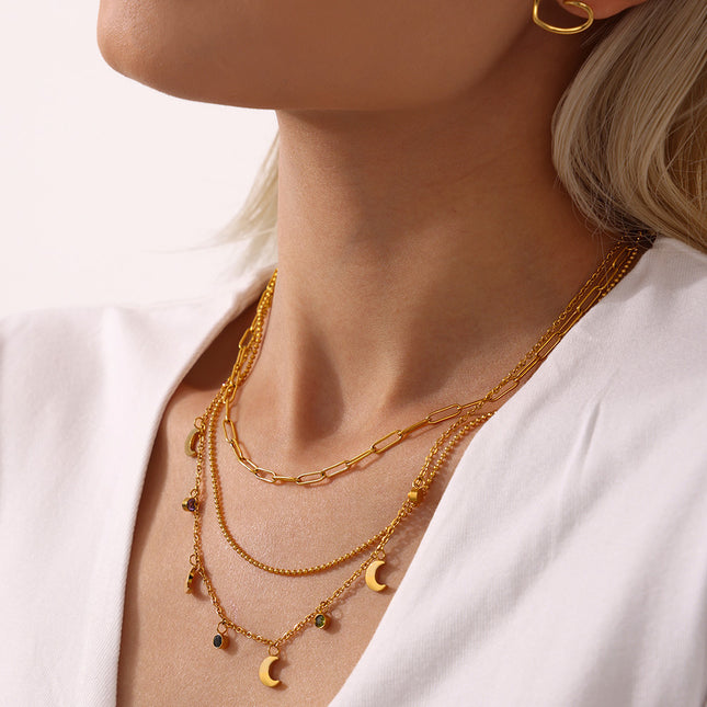 Mysterie multicolor rhinestone tassel moon clavicle necklace plated 18K real gold stainless steel niche new wild accessories