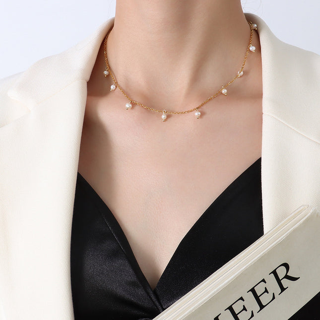 Natural niche versatile retro style jewelry, titanium steel plated 18k real gold freshwater pearl loose bead necklace, female clavicle chain