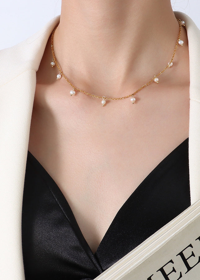 Natural niche versatile retro style jewelry, titanium steel plated 18k real gold freshwater pearl loose bead necklace, female clavicle chain