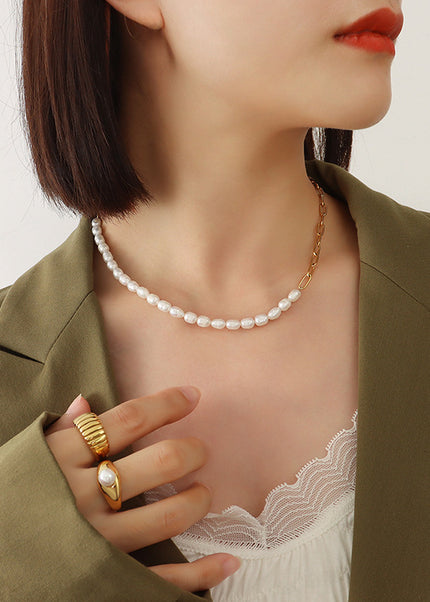 French style fashion versatile necklace freshwater pearl stitching necklace women's titanium steel plated 18K real gold clavicle chain P582