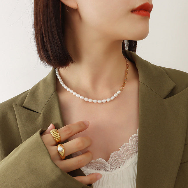 French style fashion versatile necklace freshwater pearl stitching necklace women's titanium steel plated 18K real gold clavicle chain P582