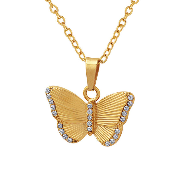 Inlaid with zircon, fashion commuter ins, butterfly pendant, Hong Kong style, trendy style, fairy temperament, personality, versatile necklace women
