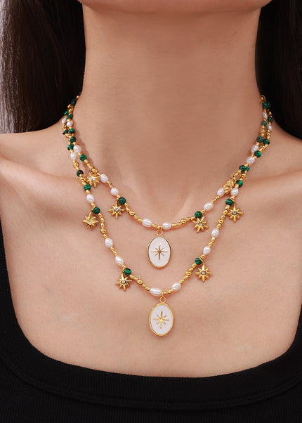 French simple elegance freshwater pearl beaded ornament coin drip oil pendant eight-pointed star titanium steel necklace