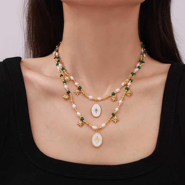 French simple elegance freshwater pearl beaded ornament coin drip oil pendant eight-pointed star titanium steel necklace