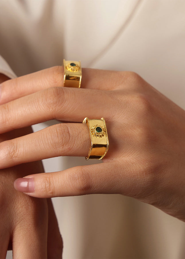 European and American new fashion retro palace style personality titanium steel gold-plated square inlaid zircon open ring fashion jewelry