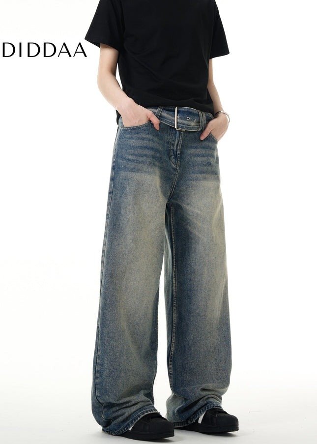 Blue Loose Fit Retro Belt Jeans for Men - Men’s Jeans