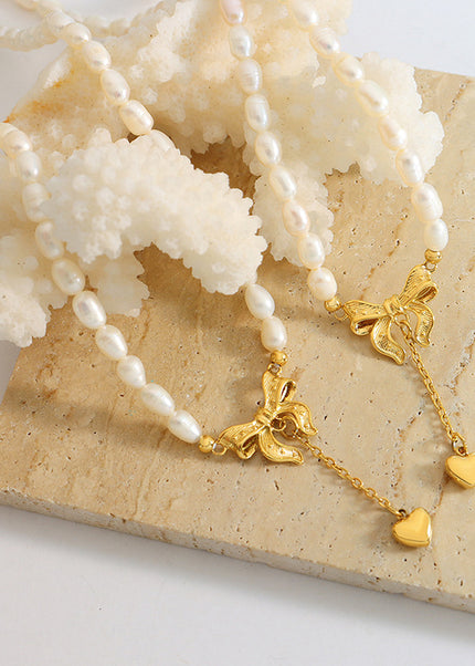 French princess with bow tassel love pendant freshwater pearl necklace elegant and fashionable non-fading jewelry