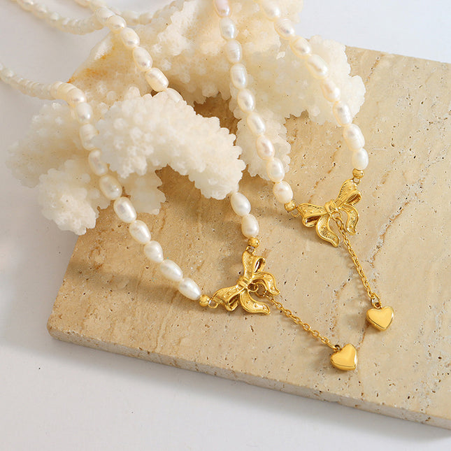 French princess with bow tassel love pendant freshwater pearl necklace elegant and fashionable non-fading jewelry