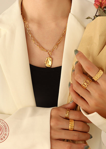 European and American hip-hop style double-layer personality irregular pendant necklace titanium steel gold-plated niche temperament clavicle chain jewelry women