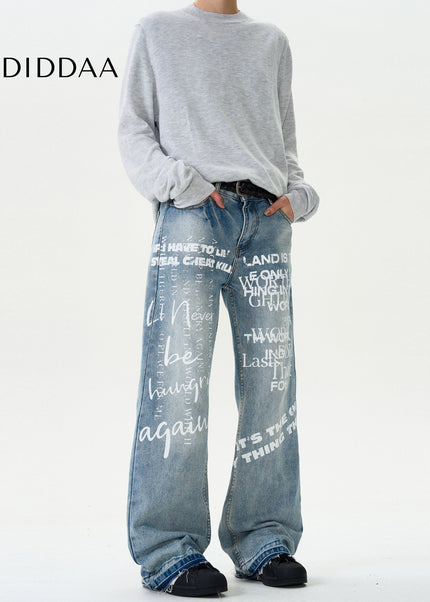 Blue Graffiti Letter Print Straight Wash Jeans - Men’s Jeans