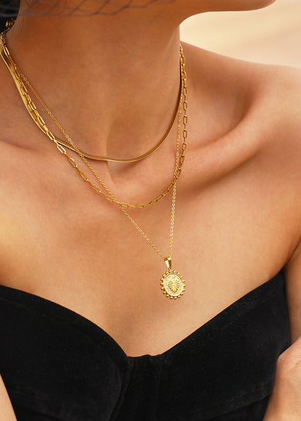 Mystery European and American style embossed peach heart sun lace double-layer necklace personality clavicle chain stainless steel color-retaining jewelry tide