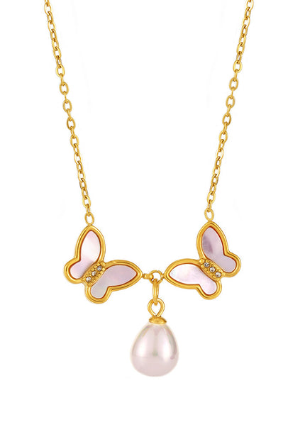 Mystery Stainless Steel Natural Shell Double Butterfly Set Diamond Shell Bead Clavicle Necklace PVD Plating 18K Real Gold Jewelry Female