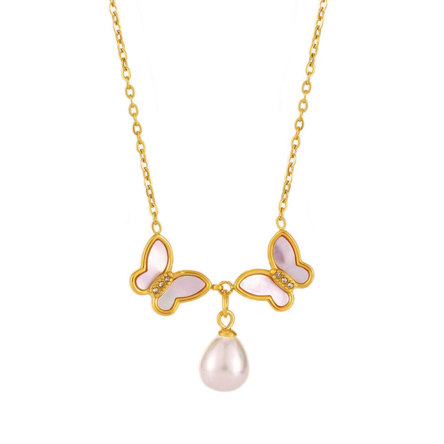 Mystery Stainless Steel Natural Shell Double Butterfly Set Diamond Shell Bead Clavicle Necklace PVD Plating 18K Real Gold Jewelry Female