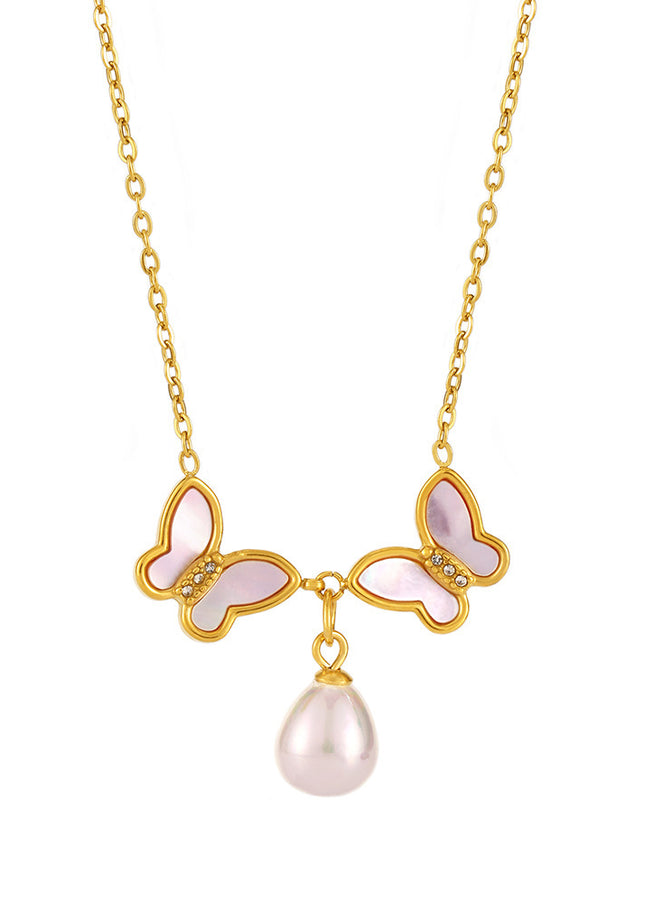 Mystery Stainless Steel Natural Shell Double Butterfly Set Diamond Shell Bead Clavicle Necklace PVD Plating 18K Real Gold Jewelry Female
