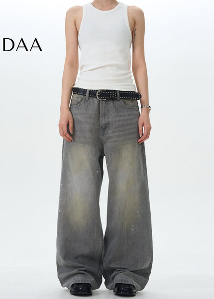Blue Graffiti Splash Loose Straight Vintage Jeans - S / Grey - Men’s Jeans