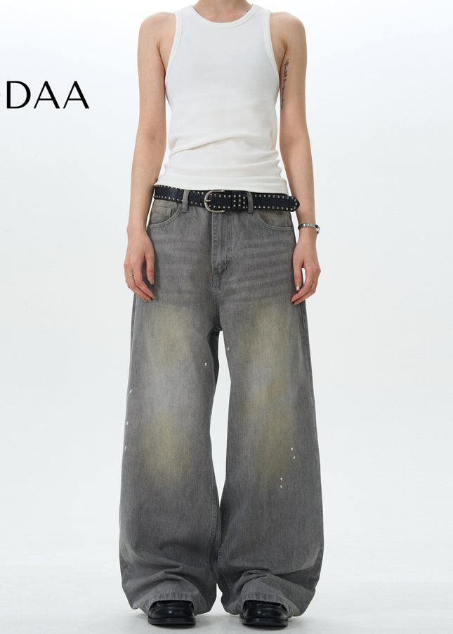 Blue Graffiti Splash Loose Straight Vintage Jeans - S / Grey - Men’s Jeans
