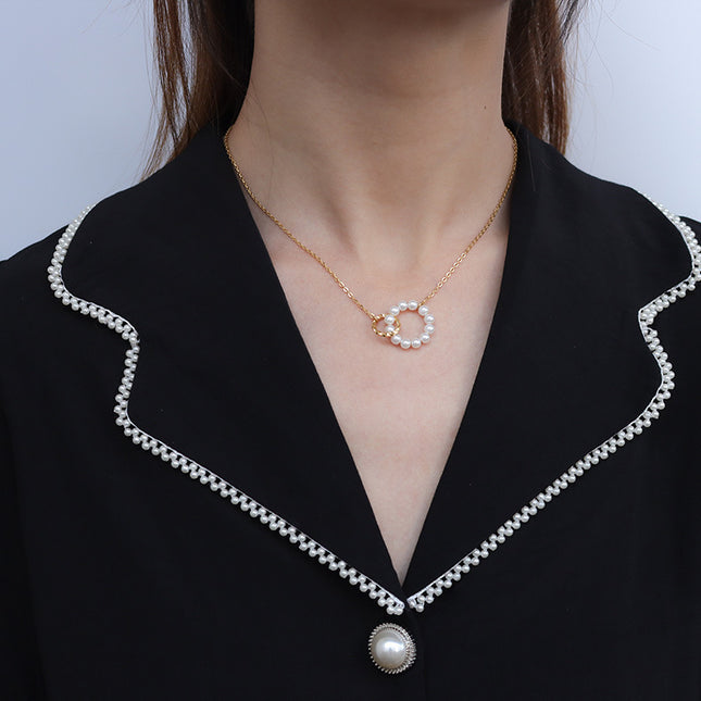 Mystery beauty Japan and South Korea retro exquisite ring imitation pearl necklace chocker neck chain clavicle chain titanium steel jewelry spot