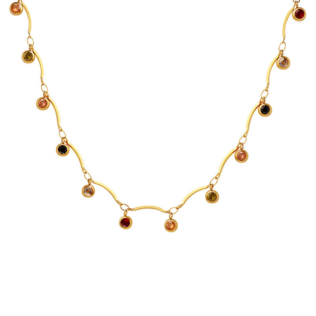 Niche does not fade fashion personality color zircon pendant water wave chain necklace titanium steel plated 18K gold accessories jewelry