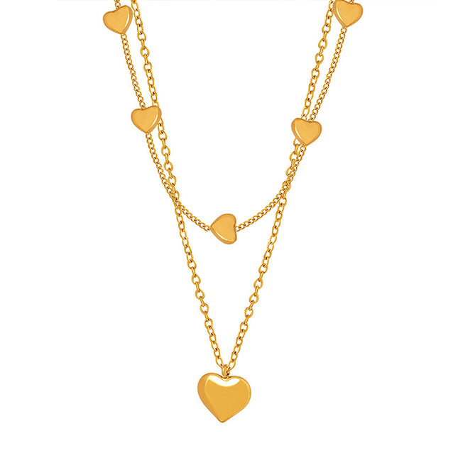 Japanese and Korean love peach heart double-layer chain simple titanium steel wholesale jewelry does not fade girls niche necklace clavicle chain