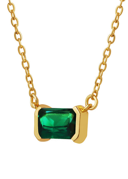 European and American neutral style, retro non-fading, light luxury jewelry, niche design, square copper pendant, inlaid green zircon necklace