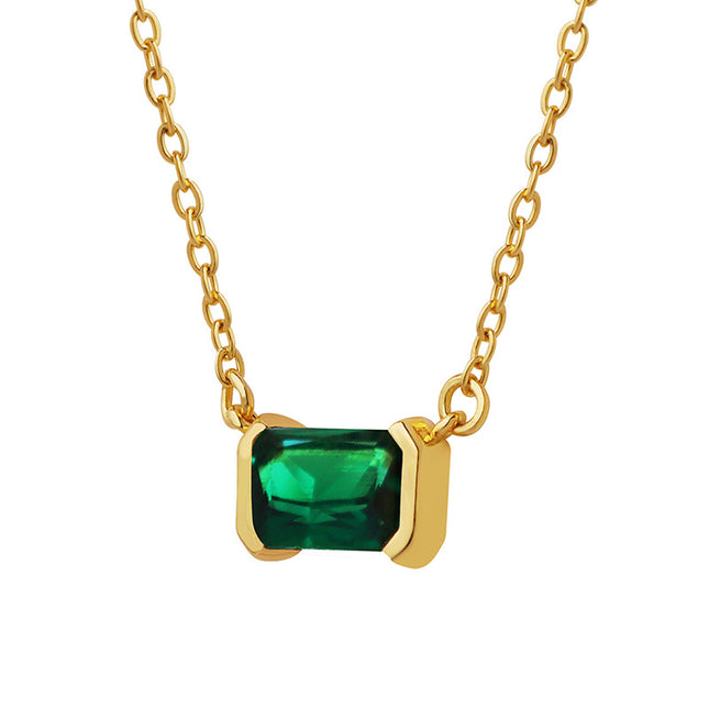 European and American neutral style, retro non-fading, light luxury jewelry, niche design, square copper pendant, inlaid green zircon necklace