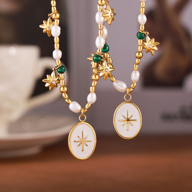 French simple elegance freshwater pearl beaded ornament coin drip oil pendant eight-pointed star titanium steel necklace