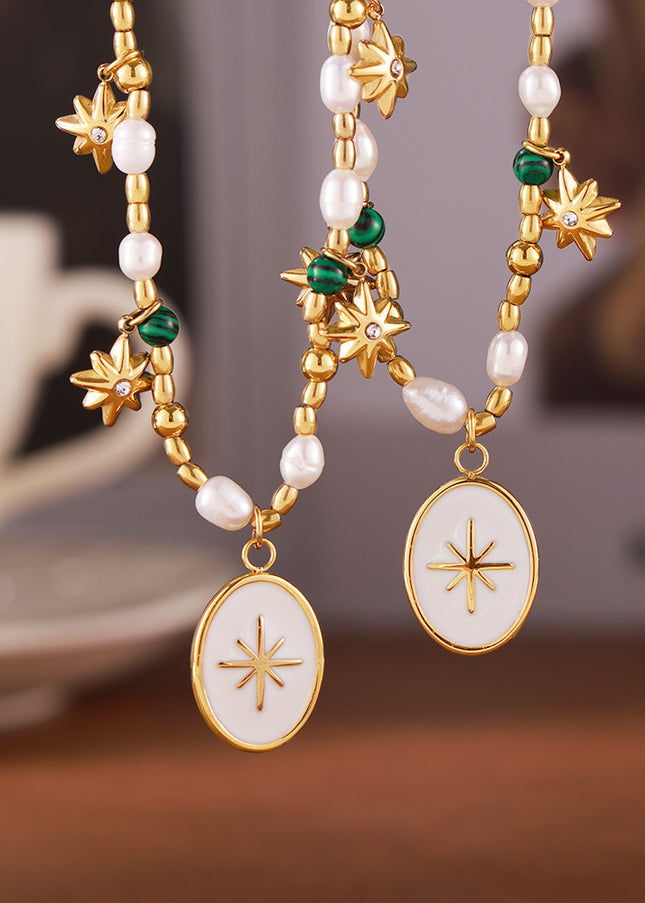 French simple elegance freshwater pearl beaded ornament coin drip oil pendant eight-pointed star titanium steel necklace