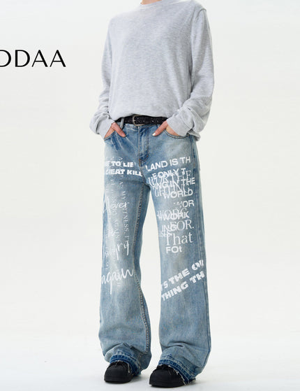 Blue Graffiti Letter Print Straight Wash Jeans - S / Mid Blue - Men’s Jeans