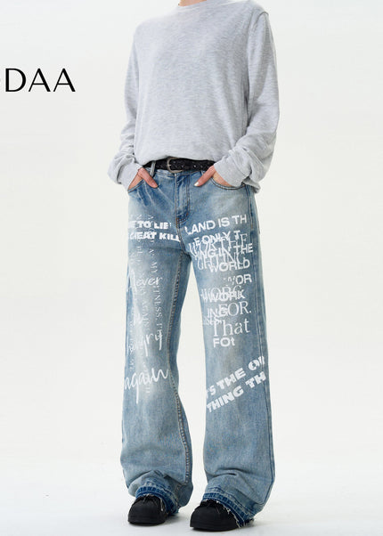 Blue Graffiti Letter Print Straight Wash Jeans - S / Mid Blue - Men’s Jeans