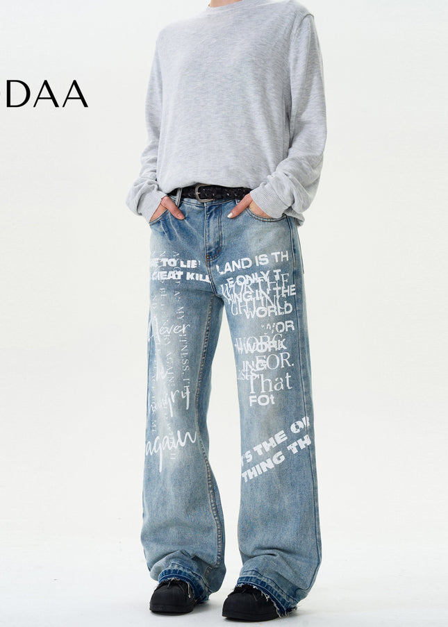 Blue Graffiti Letter Print Straight Wash Jeans - S / Mid Blue - Men’s Jeans